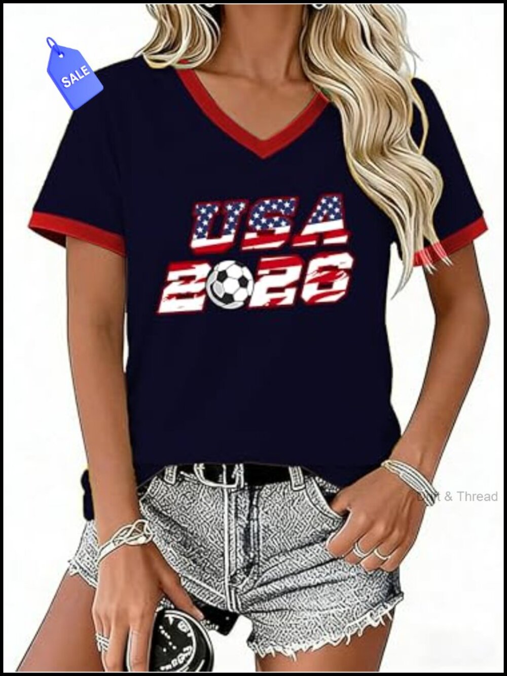 Soccer Cup 2026 Women's V-Neck Football Shirt Short Sleeve Tee